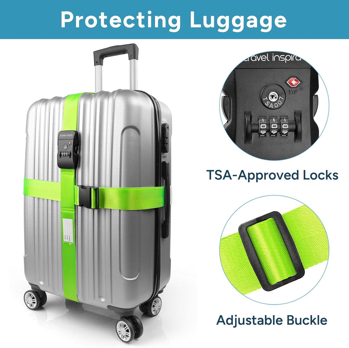 Luggage Straps with TSA Lock, Travel Belt for Luggage, TSA Approved Luggage Straps, 3-Dial Combination Locks Adjustable Suitcase Belt, Quick-Release Buckle (Green), 2 Pack