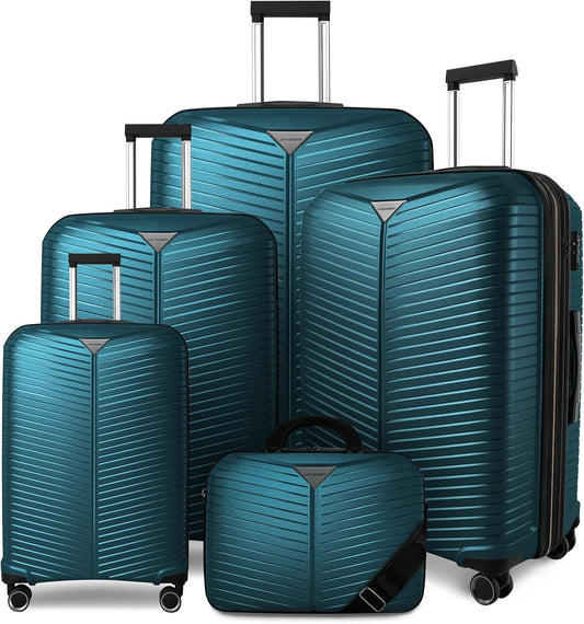 LEAVES KING LARVENDER Luggage Sets 5 Piece, Expandable(Only 24"&28") PP Suitcase with Spinner Wheels, Durable Luggage Sets Clearance Carry On Luggage Suitcase Set For Women Men, Dark Green