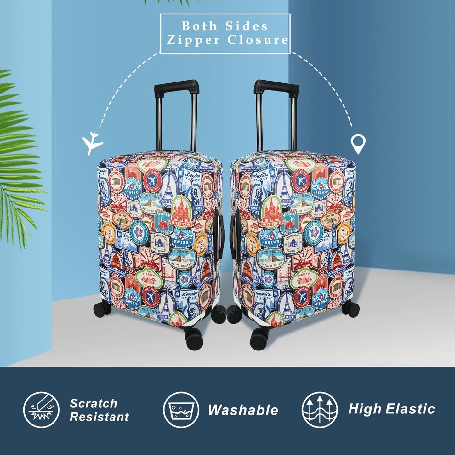 Explore Land Travel Luggage Cover Suitcase Protector Fits 31-32 Inch Case (Landmark Sticker, XL)