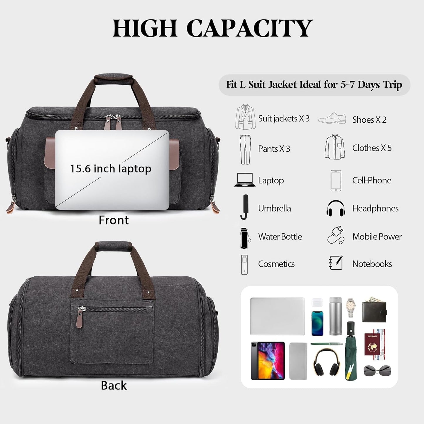 Canvas Garment Bags for Travel, Convertible Carry On Garment Duffel Bag for Men Women, 2 in 1 Suit Bag Hanging Suitcase Business Travel Bag with Shoe Compartment (Grey, XL)