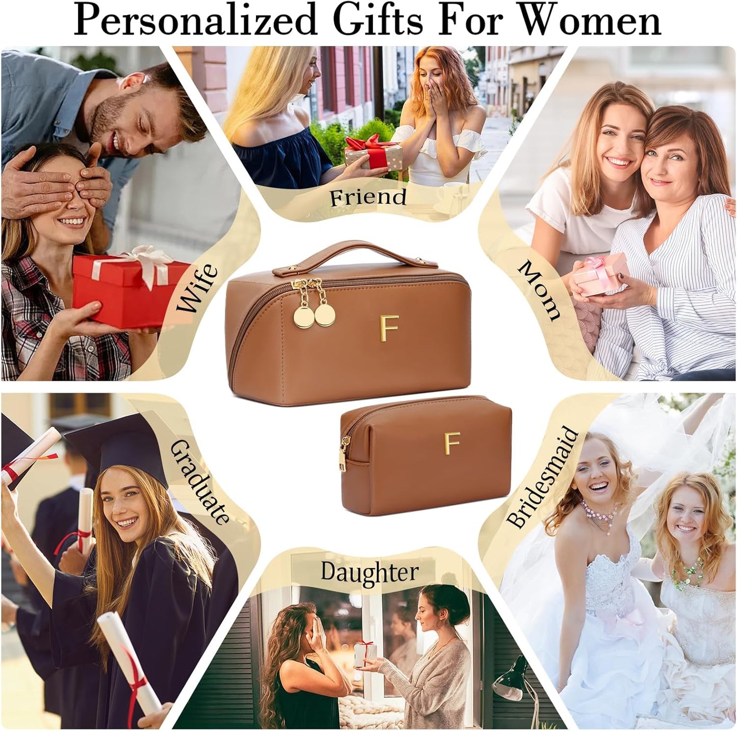 Birthday Gifts for Women Teen Girl, Personalized Initial Makeup Organizer Bag Set, Open Flat Travel Cosmetic Bag With Clear Divider and Handle(Brown,F)