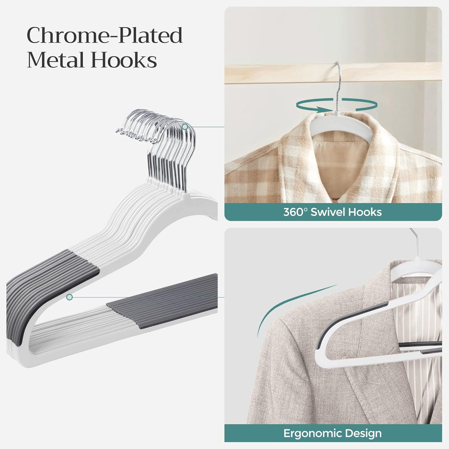 SONGMICS Clothes Hangers, Pack of 50 Plastic Coat Hangers, Space-Saving, 0.2 Inches Thick, 17.7 Inches Wide, 360° Swivel Hook, Cloud White and Dark Gray UCRP050W50