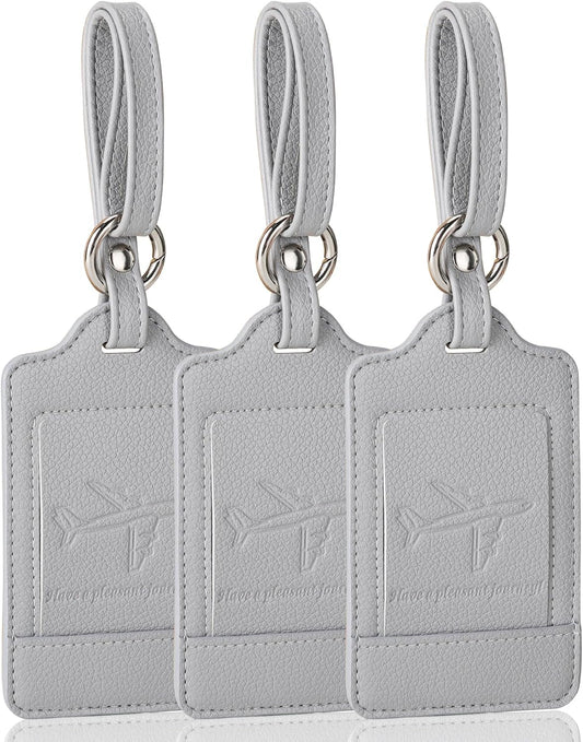Teskyer Luggage Tags, 3 Pack Premium PU Leather Luggage Tags for Suitcases, Privacy Protection Travel Bag Tags, Lichee Gray