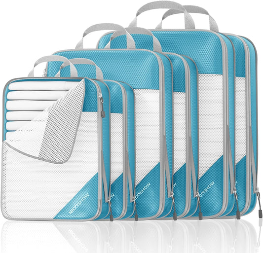 Compression Packing Cubes 6 Set, Compressible Space-Saving Packing Cubes for Travel - Compression Bags, Luggage Organizer, Travel Essentials for Women, Teal