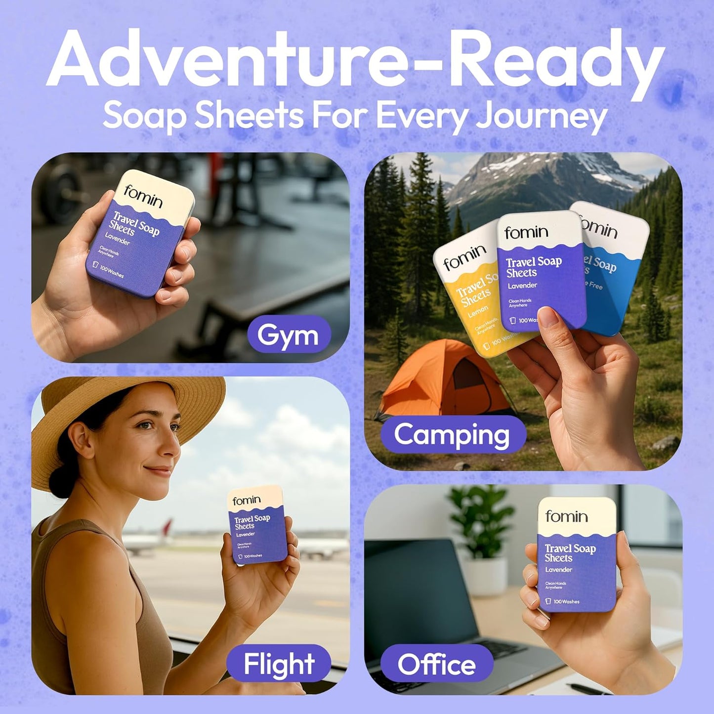 FOMIN - Antibacterial Paper Soap Sheets Tin for Traveling - (300 Sheets) Variety Pack (Unscented, Lemon, Lavender) Portable Travel Hand Soap Sheet, Dissolvable Mini Camping Hand Soap for Hand Washing