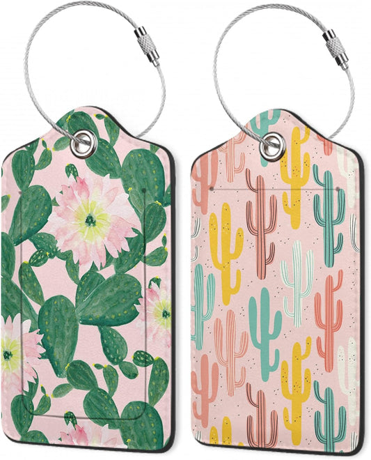 Luggage Tags for Suitcase,Watercolor Cactus Flowers Luggage Tags of Set 2 Leather Identifiers Privacy Cover with Stainless Steel Loop for Women Men Travel Bag Suitcase