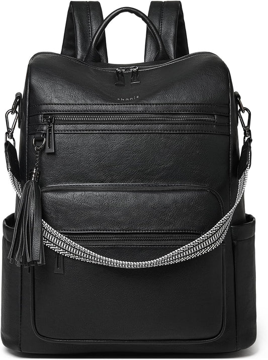 Shrrie 15.6 inch Laptop Backpack for Women,Large Leather Backpack Purse,Travel,Carry on,Water Resistant Casual Laptop Backpacks,College Backpack,Work Backpack for Women,Two-tone Black