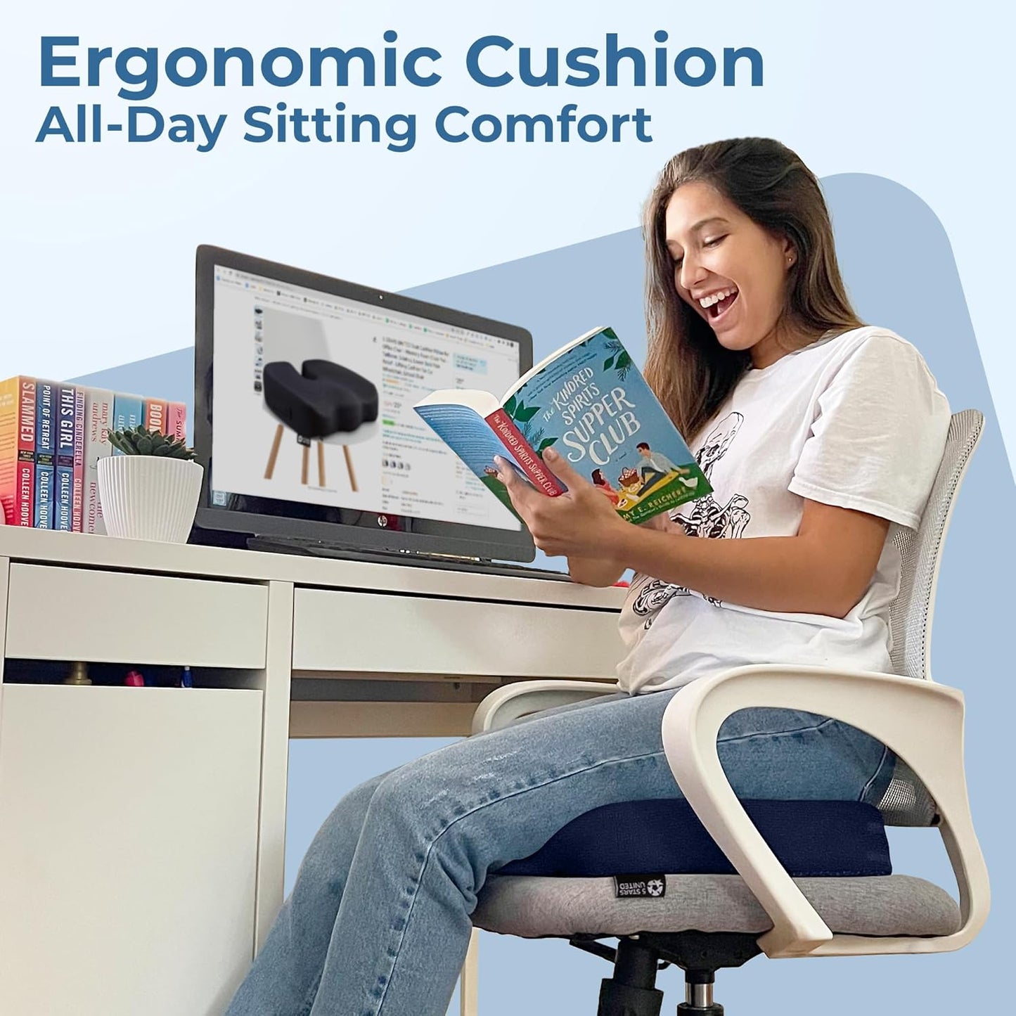 5 STARS UNITED Seat Cushion for Tailbone Pain Relief – Memory Foam Cushion for Coccyx, Hip, Hemorrhoid, Sciatica & Post-Surgery Recovery – Wheelchair, Car, Desk, Gaming & Office Chairs, D Blue