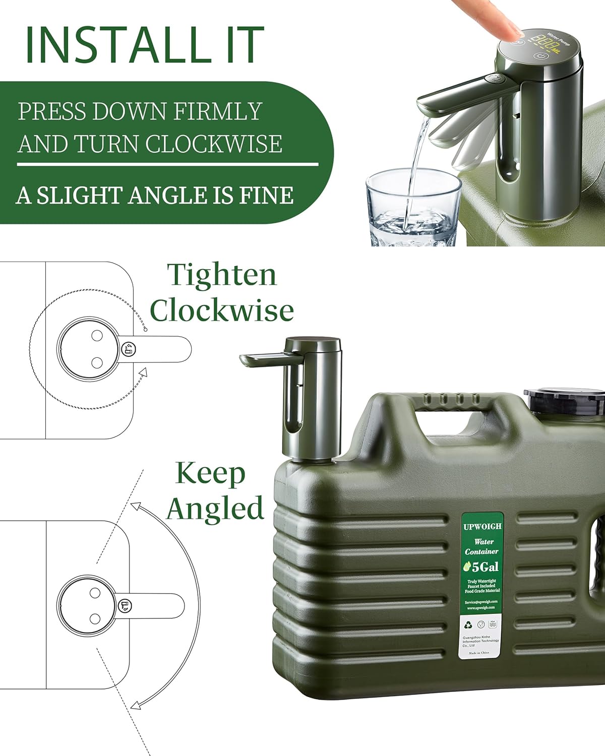 Portable 5 Gallon Water Jug with Automatic Touch Control Pump,Truly No Leakage Water Container with Spigot,Type-C Rechargeable Military Green Water Pump Gear for Outdoors Camping Hiking