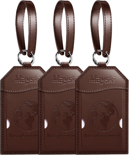 Mayski Luggage Tags for Suitcases 3 Pack Suitcase Bag Tags, TSA Approved, Metal Buckle, Bag Tags with Name ID Card Travel Essentials, Brown Global