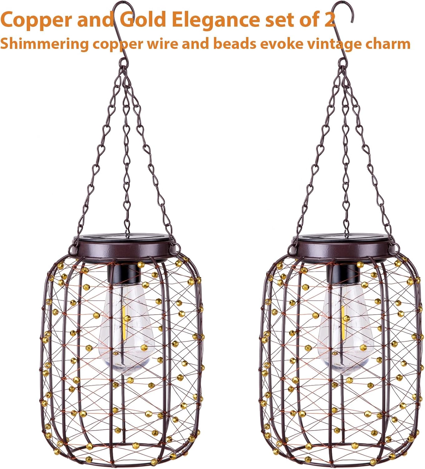 Hanging Solar Lanterns Outdoor Waterproof, Vintage Copper Hanging Lantern Lights for Outside, Solar Chandelier Outdoor Idea for Yard Garden Pathway Gazebo Pergola Porch Decor, 2 Pack