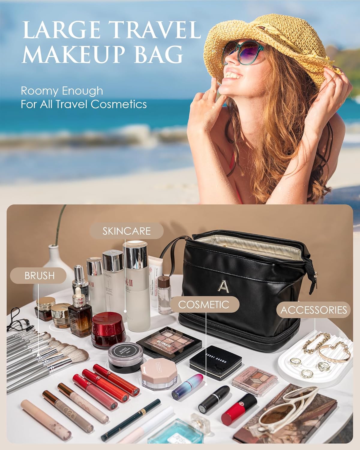 Birthday Gifts for Girls, Initial Large Makeup Bags, Personalized Double Layer Cosmetic Bag with Makeup Brush Organizer,Toiletry Bag, Gifts for Women Girlfriend Friends Female Mom Sister
