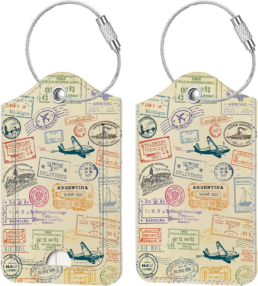 Fintie Luggage Tags, Privacy Cover ID Label with Stainless Steel Loop and Address Card for Travel Bag Suitcase - Postmark (2 Piece)