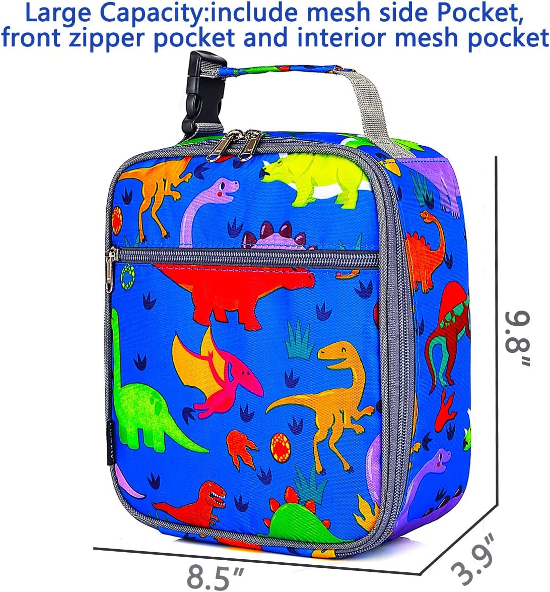 FlowFly Kids Lunch box Insulated Soft Bag Mini Cooler Back to School Thermal Meal Tote Kit for Girls, Boys, Dinosaur
