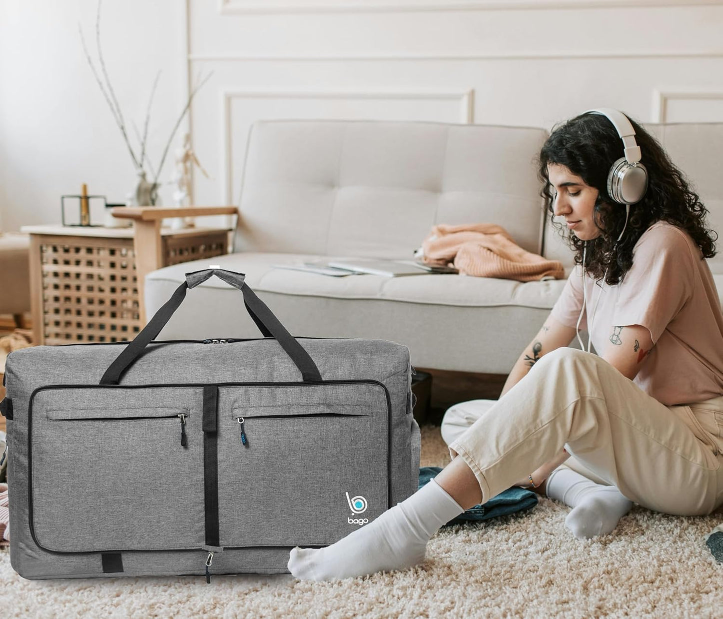 Bago Large Foldable Duffel Bags for Traveling Women & Men - 100L Packable Duffle Bag for Travel with Shoe Compartment - Water Repellant, Heavy Duty, Lightweight Folding & Collapsible (SnowGray)