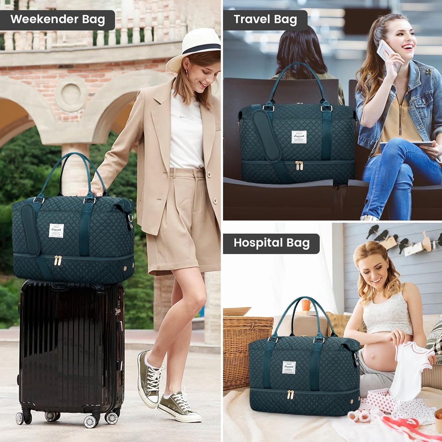 LOVEVOOK Travel Duffle Bag,Weekender Bags for Women with Shoe Compartment，Carry on Overnight Bag with Toiletry Bag,Gym Duffel Bag with Wet Pocket, Hospital Bags for Labor and Delivery