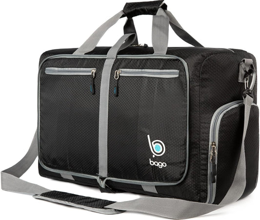 Bago Foldable Duffel Bags for Traveling Women & Men - 40L Sports Packable Duffle Bag for Travel with Shoe Compartment - Water Repellant, Heavy Duty, Lightweight Folding & Collapsible (Black)