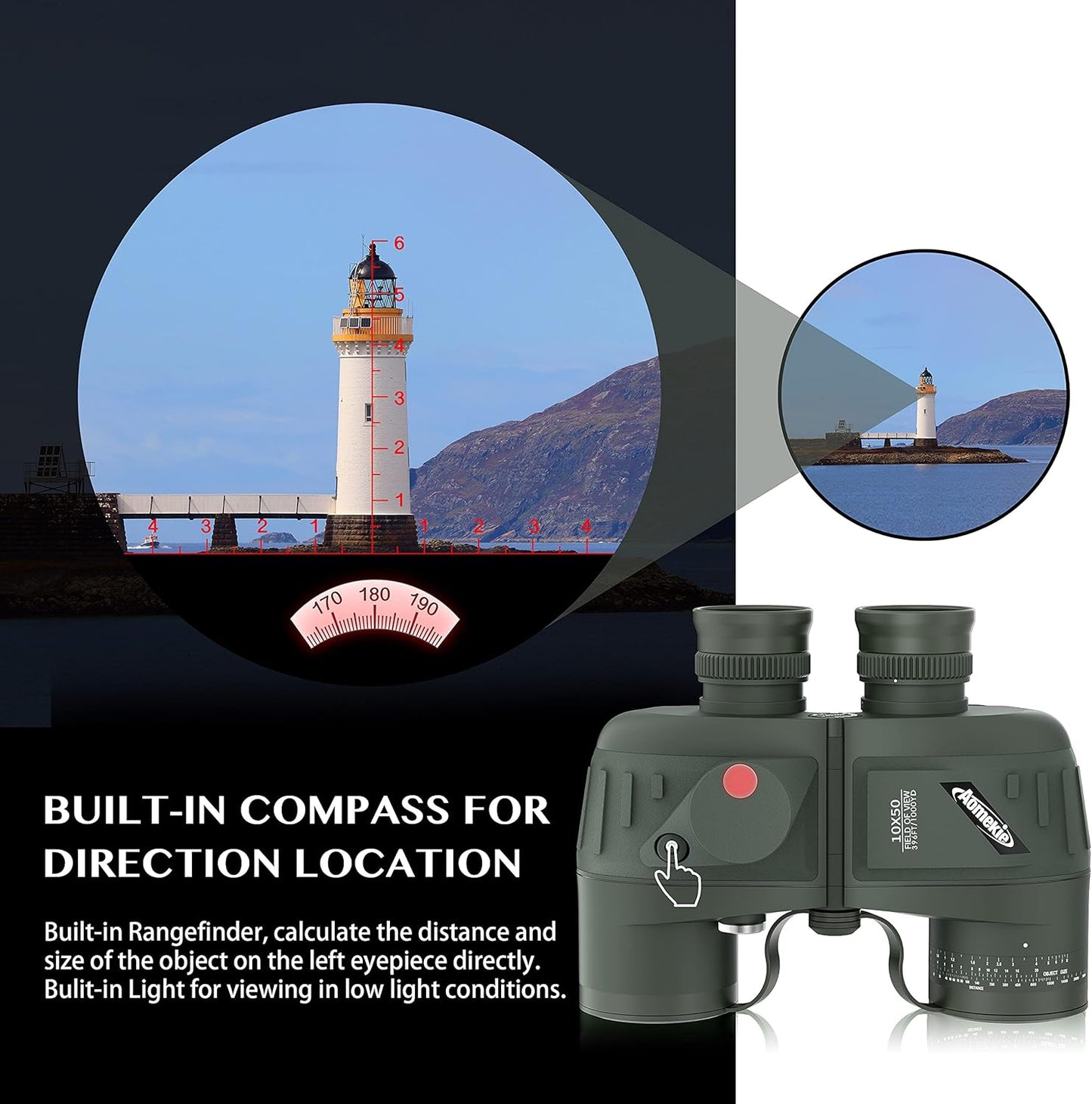 AOMEKIE Marine Binoculars for Adults 10x50 Waterproof Binoculars with Rangefinder Compass BAK4 Prism FMC Lens for Birdwatching Hunting Boating