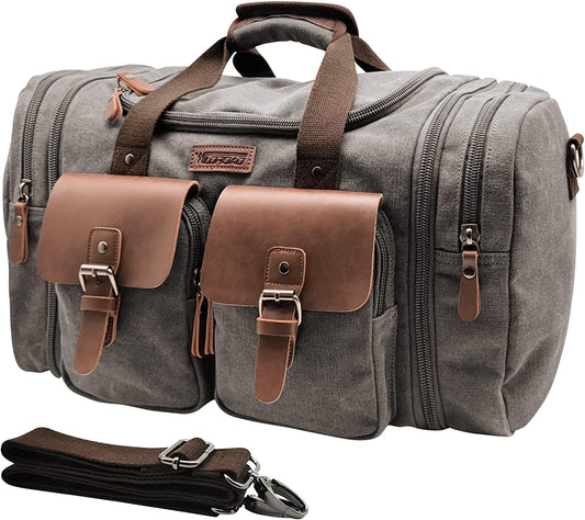 Wildroad 60L Travel Duffel Bag, Expandable Canvas Genuine Leather Duffle Bag Upgraded Overnight Weekender Bag Carry on Bag