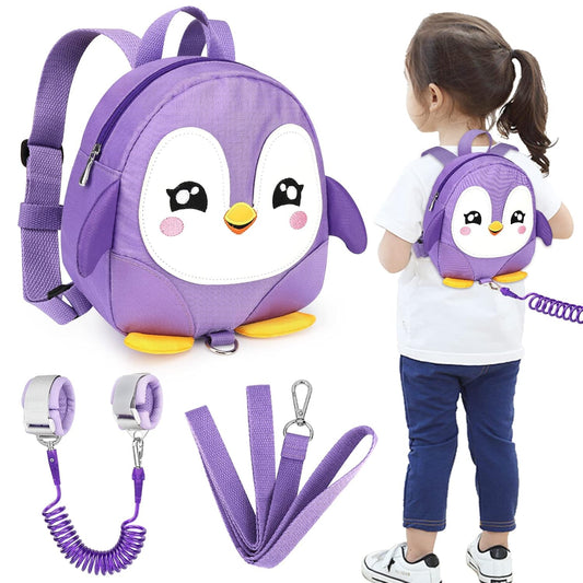 Accmor Toddler Harness Backpack Leash, Cute Penguin Kid Backpacks with Anti Lost Wrist Link, Mini Child Backpack Harness Leashes Walking Wristband Rope Travel Bag Harness Rein for Baby Girls (Purple)