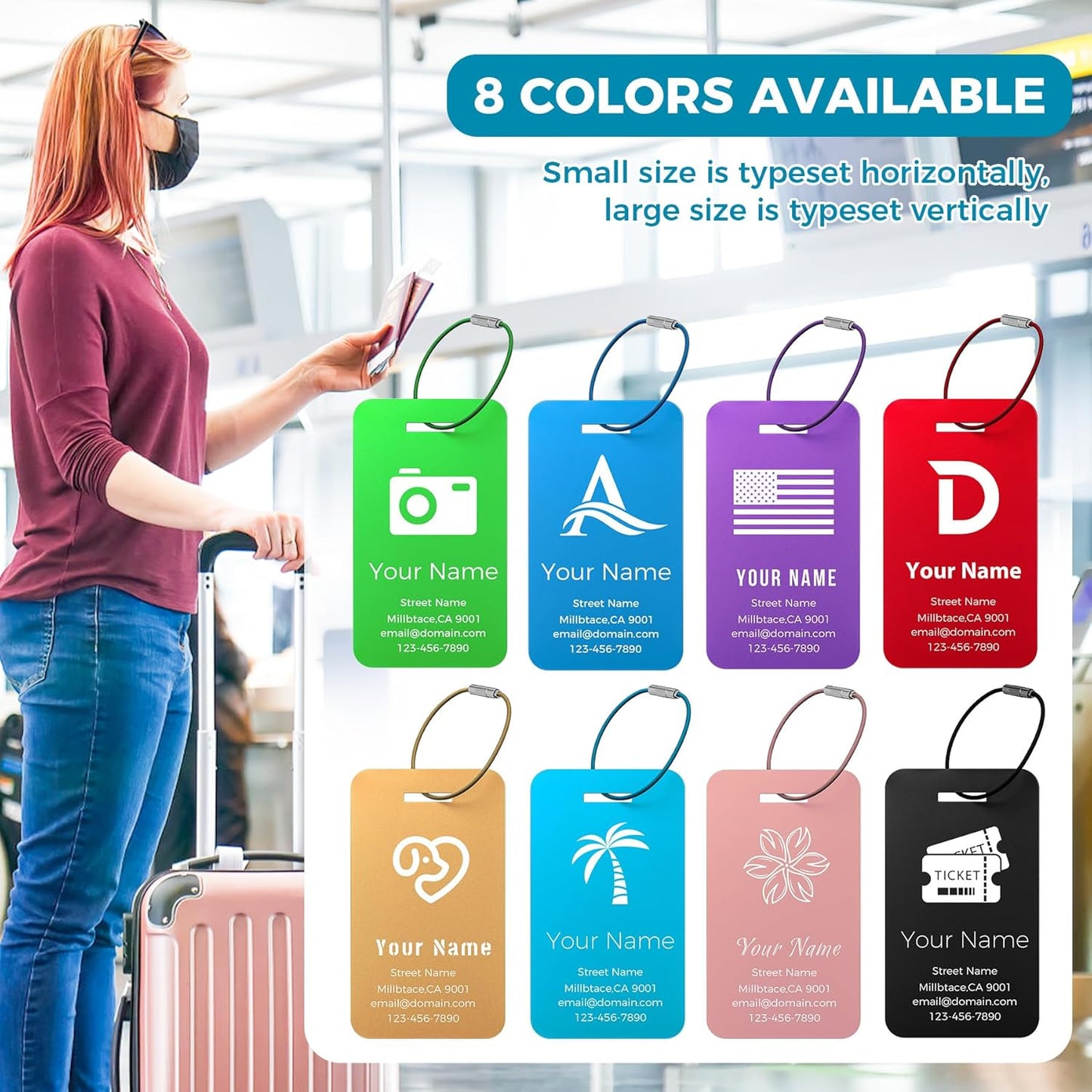Personalized Luggage Tags, Custom Luggage Tags 4 Pack TSA Approved Double Sided Laser Engraving, Metal Luggage Tag for Suitcases with Stainless Loops, Name Tag for Bags, Backpacks (Lake Blue)