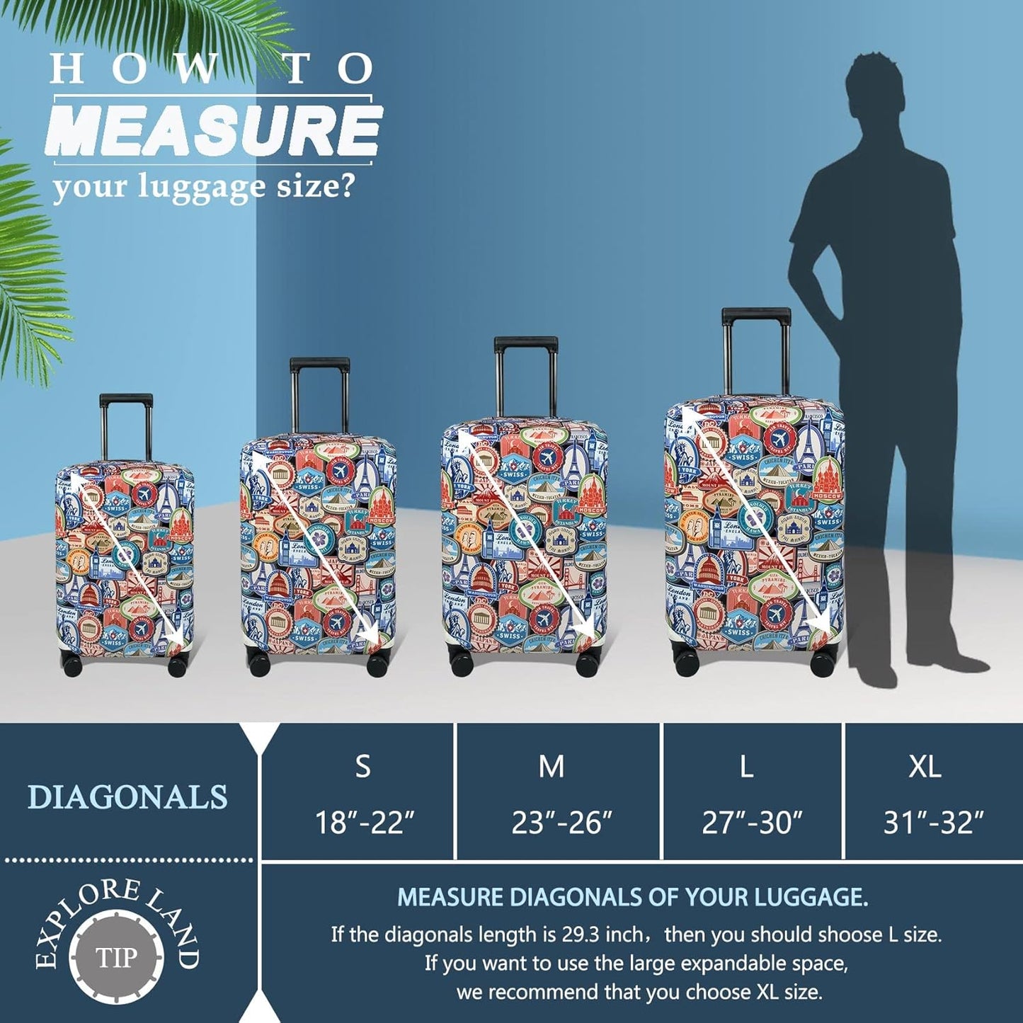 Explore Land Travel Luggage Cover Suitcase Protector Fits 31-32 Inch Case (Landmark Sticker, XL)