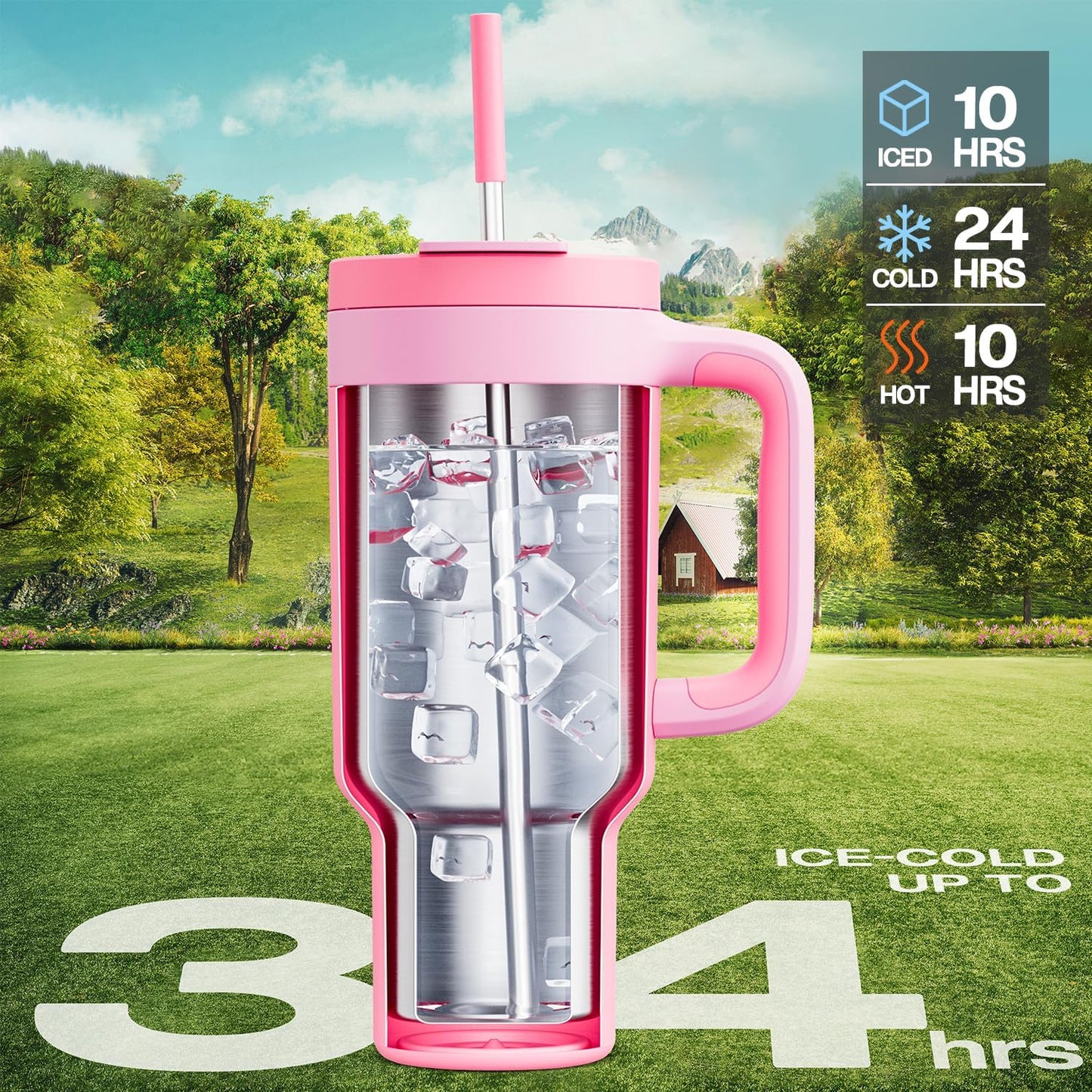 POWCAN 40 oz Tumbler with Handle, 2-in-1 Straw and Sip Lid, Leakproof, Dishwasher Safe, Insulated Stainless Steel Travel Coffee Mug, Keeps Cold for 34 Hours, Fits in Car Cup Holder (Coral)