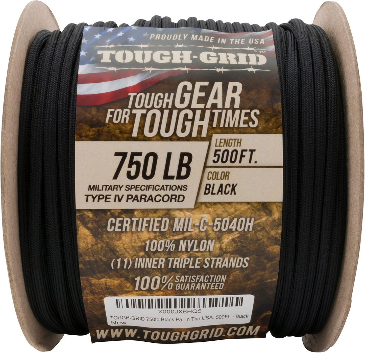 TOUGH-GRID 750 Paracord Rope Nylon Parachute Cord, Made in USA Survival Kit, Outdoor Adventures, Camping, Tactical Gear & Emergency Supplies, Military Type IV Mil-Spec