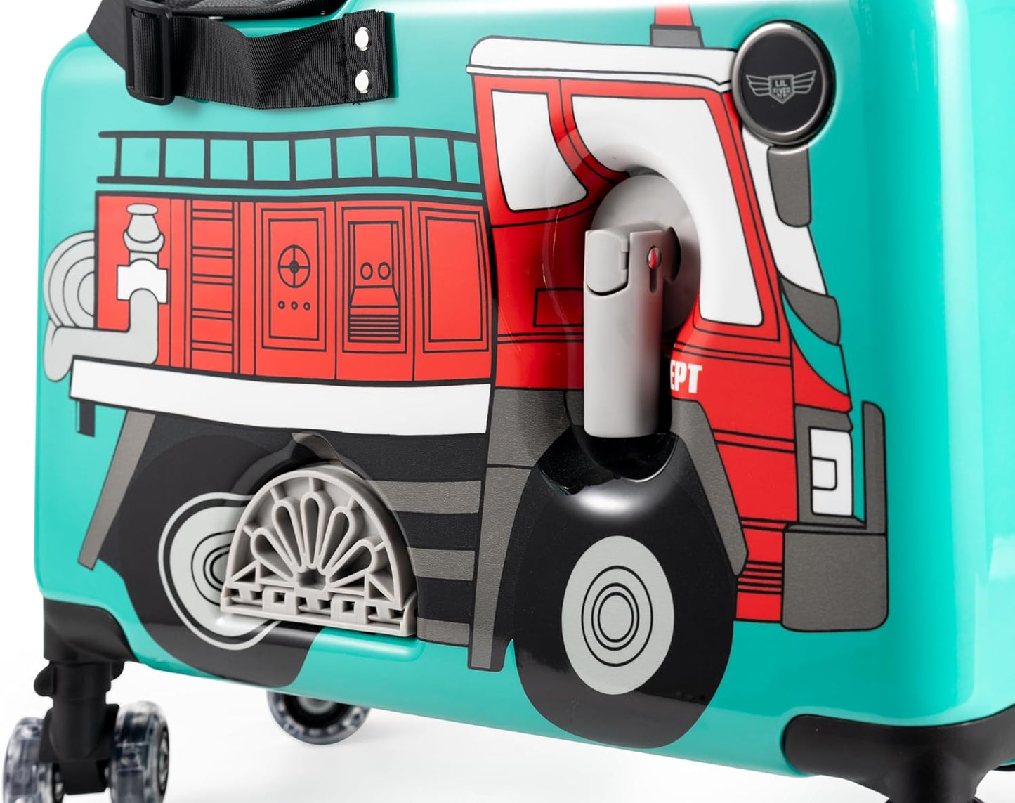 Younglingz LIL FLYER GO Version 2 Ride On Suitcase for Kids | Carry On Luggage with Toddler Seat, Foldable Handlebars, Pedals, and Removable Wheels | Holds up to 80 lbs | FIRETRUCK | Ages 2-6