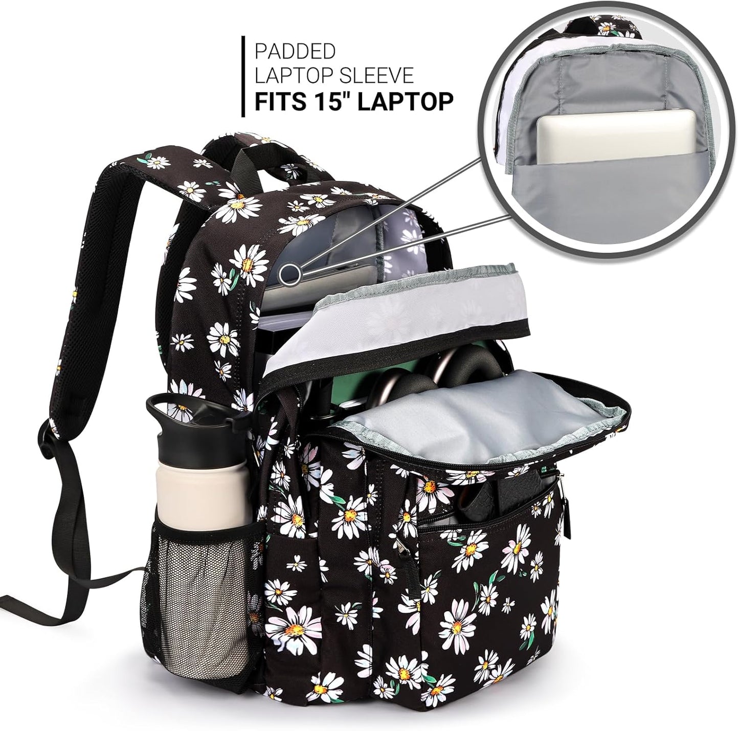 ZORFIN 26L Backpack for College, and Travel: Water Resistant Bookbag - Daisy Black