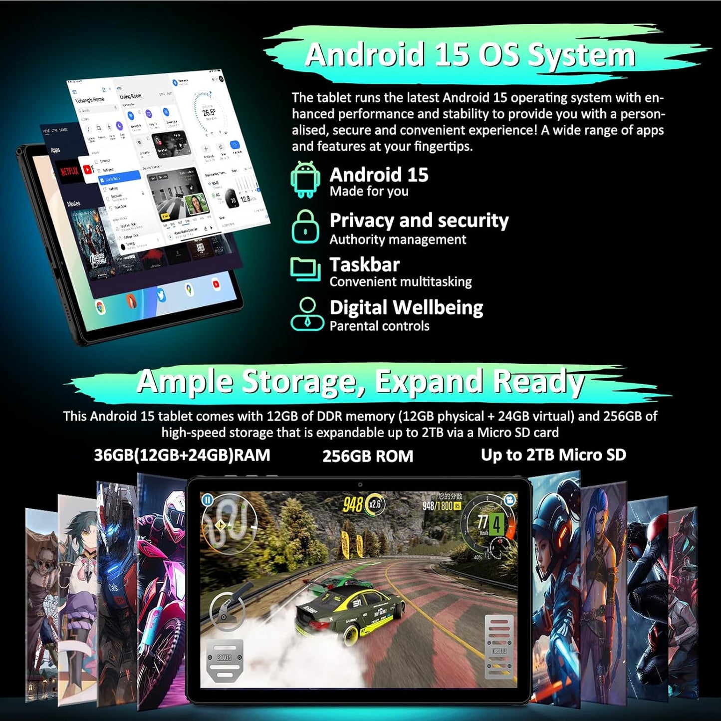 Android Tablet, 11" Android 15 Tablet, 2K FHD Display Tablets, 36GB RAM (12+24) & 256GB ROM,1TB Expandtion, Octa-Core, 8000mAh, WiFi 6, BT 5.0, HD IPS Large tableta, Keyboard & Mouse Included