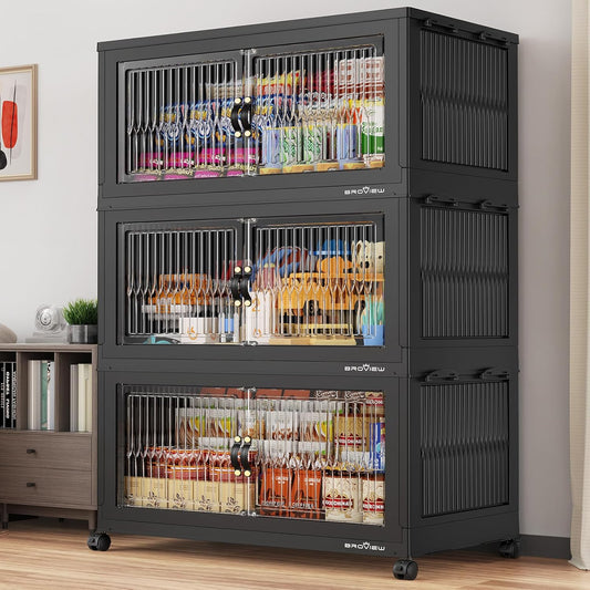 BROVIEW 600Qt Extra Large Stackable Storage Bins with Lid, Closet Organizer Collapsible Drawer Boxes with Wheels, Folding Plastic Cabinet Containers for Home Kitchen Room Organization, 3Pack Black