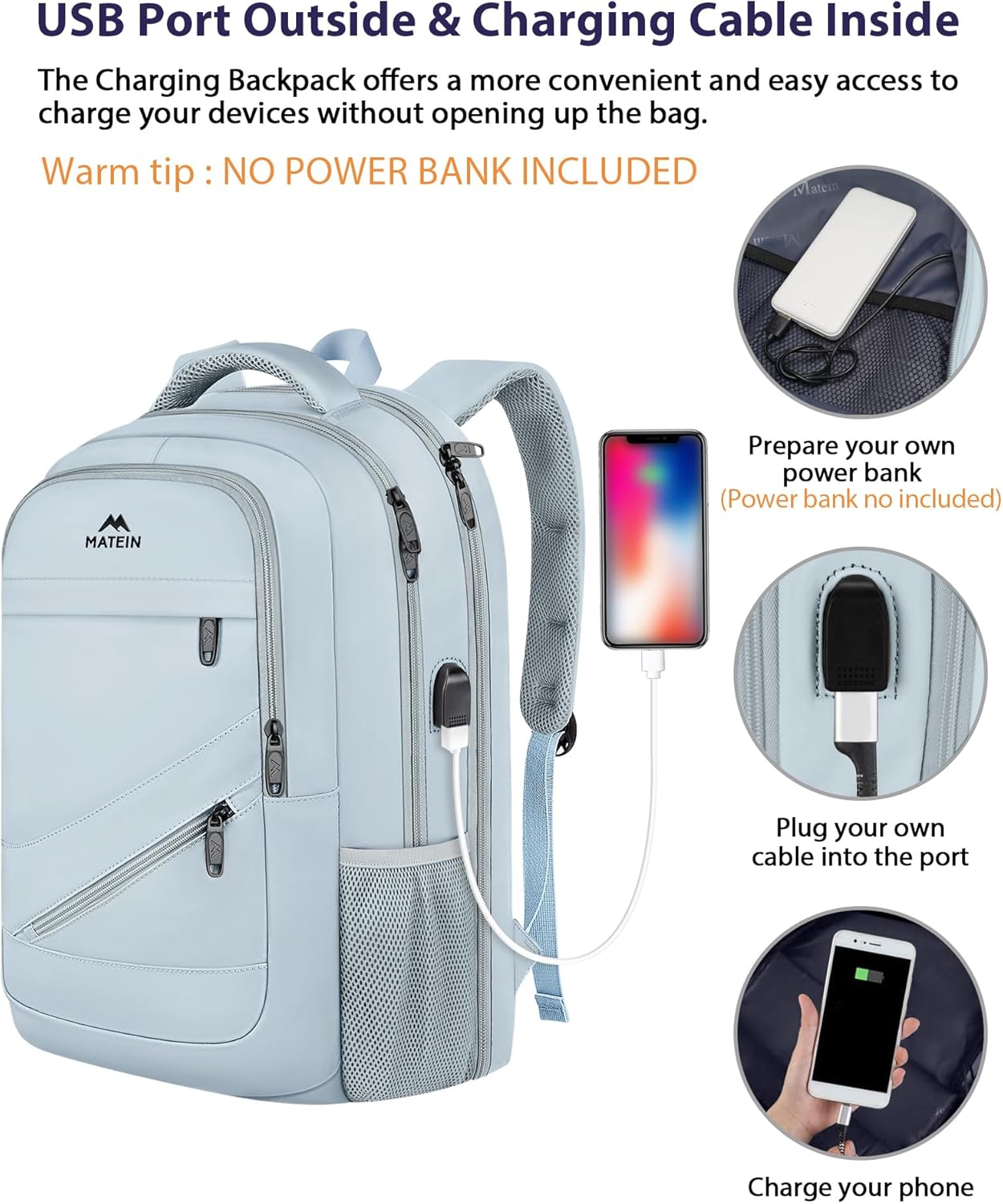 MATEIN Laptop Backpack 17 Inch, Womens Large Work Commute Backpack with USB Charging Port, Water Resistant Anti Theft Computer Bag for Students, Travel Daypack with Luggage Strap, Haze Blue