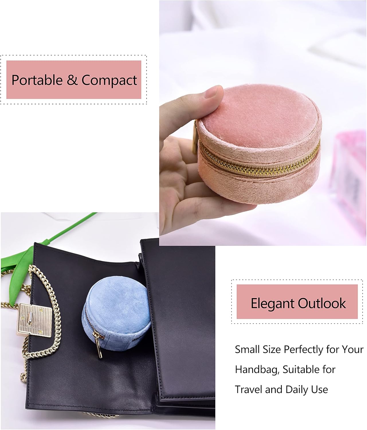 TAIMY Velvet Travel Jewelry Box, Round Small Travel Jewelry Case for Women Girls, Portable Mini Jewelry Travel Organizer Boxes for Rings Earrings Necklaces Bracelets(Navy Blue) 3.15x3.15x1.57in