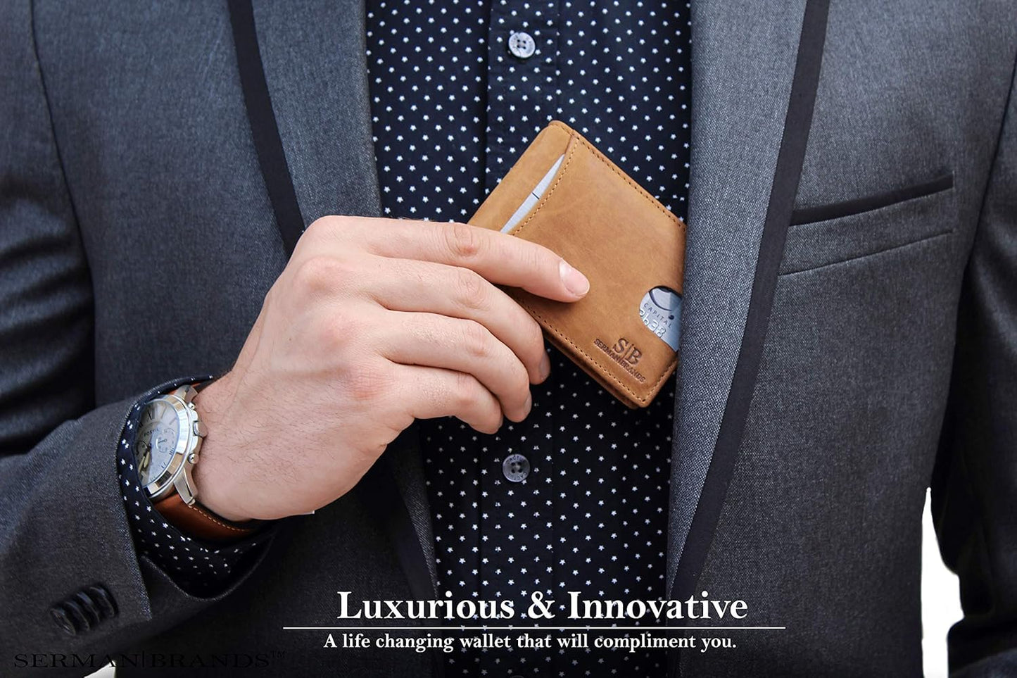 SERMAN BRANDS RFID Blocking Slim Bifold Genuine Leather Minimalist Front Pocket Wallets for Men with Money Clip Thin Mens