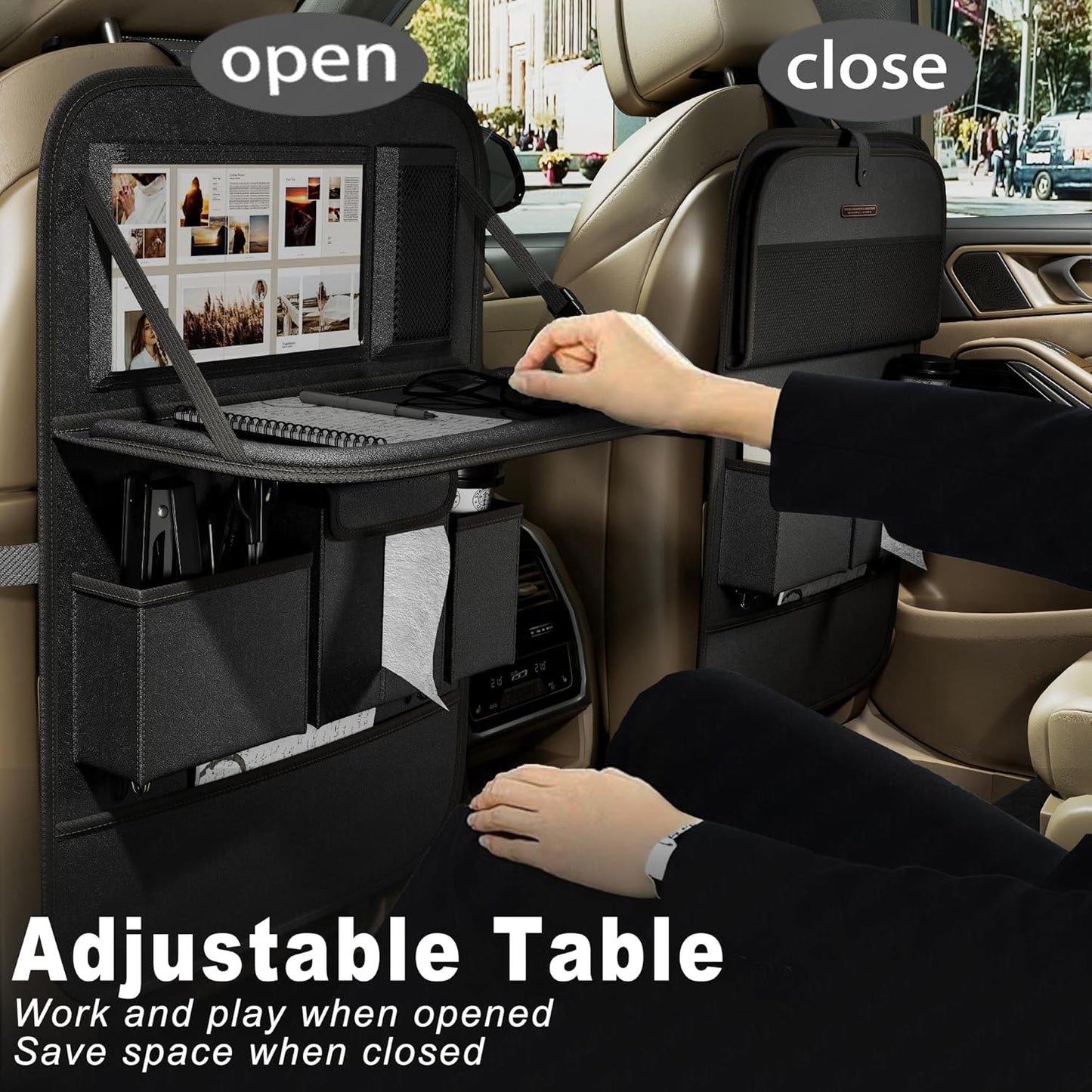 Car Seat Organizers,Multi-functional Back Seat Protectors, Storage Pouches, and Tray Holders (for Cars, Kids, Seat Back and Rear Seats) (Plain Black, 1 Pcs)