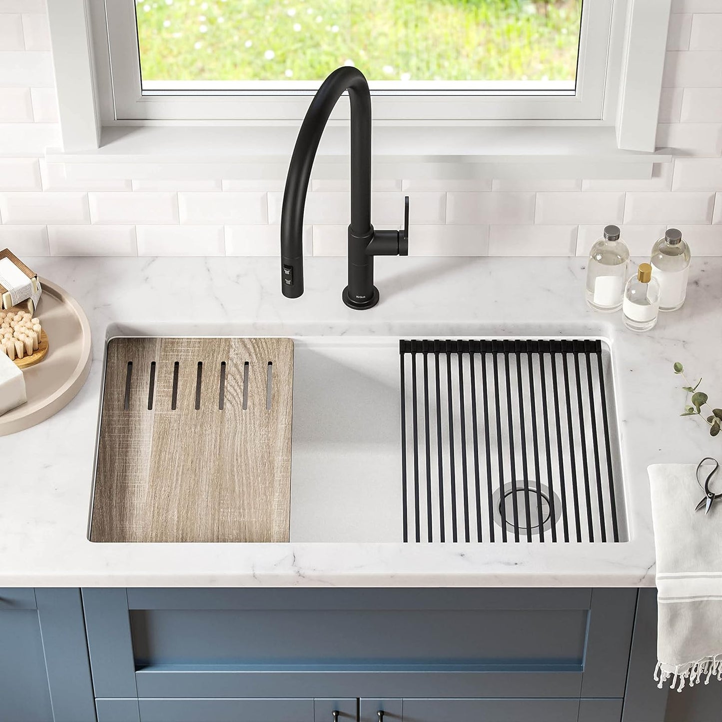 KRAUS Kitchen Sink Bellucci 32” Undermount Workstation Granite, Metallic White, Accessories, KGUW1-33WH