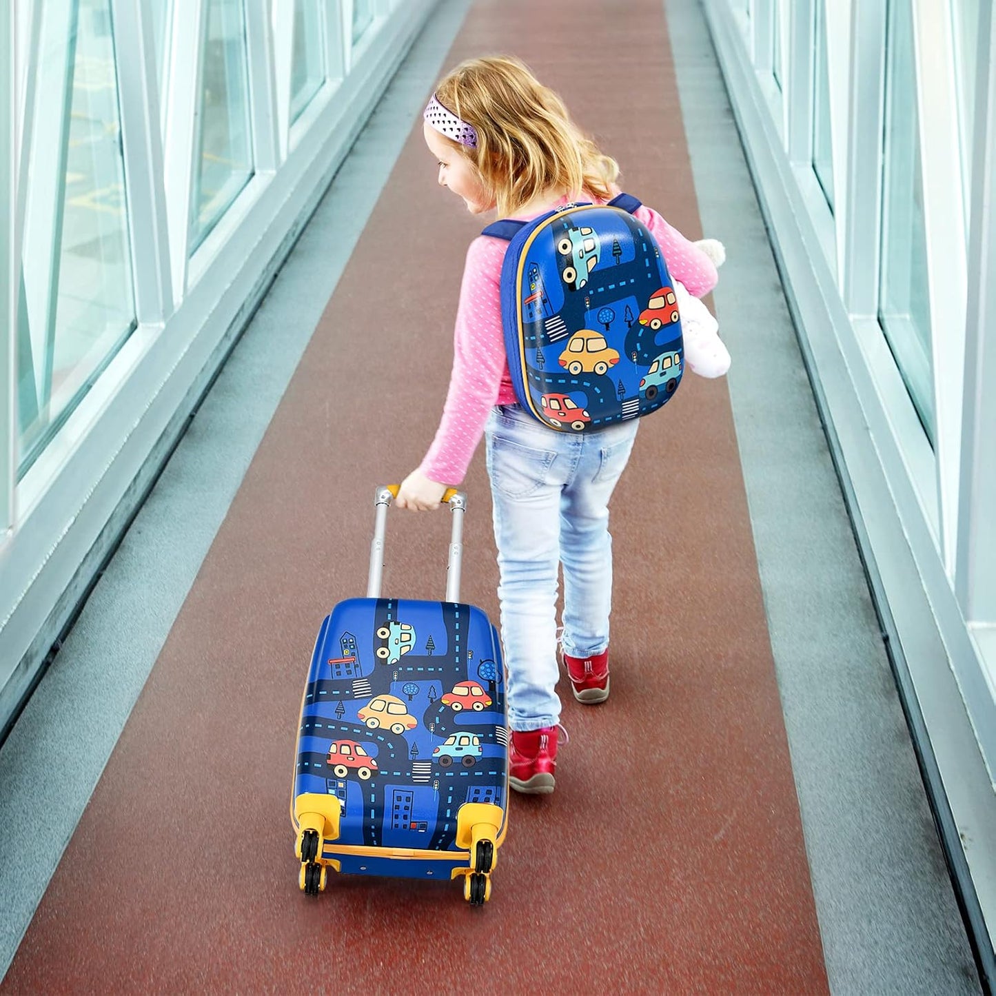 HONEY JOY Kids Luggage, 12" Toddler Backpack & 18" Travel Suitcase with Wheels, Lightweight Toddler Suitcase, Durable ABS Hardshell, 2Pcs Carry On Luggage Set for Boys Girls (Car)