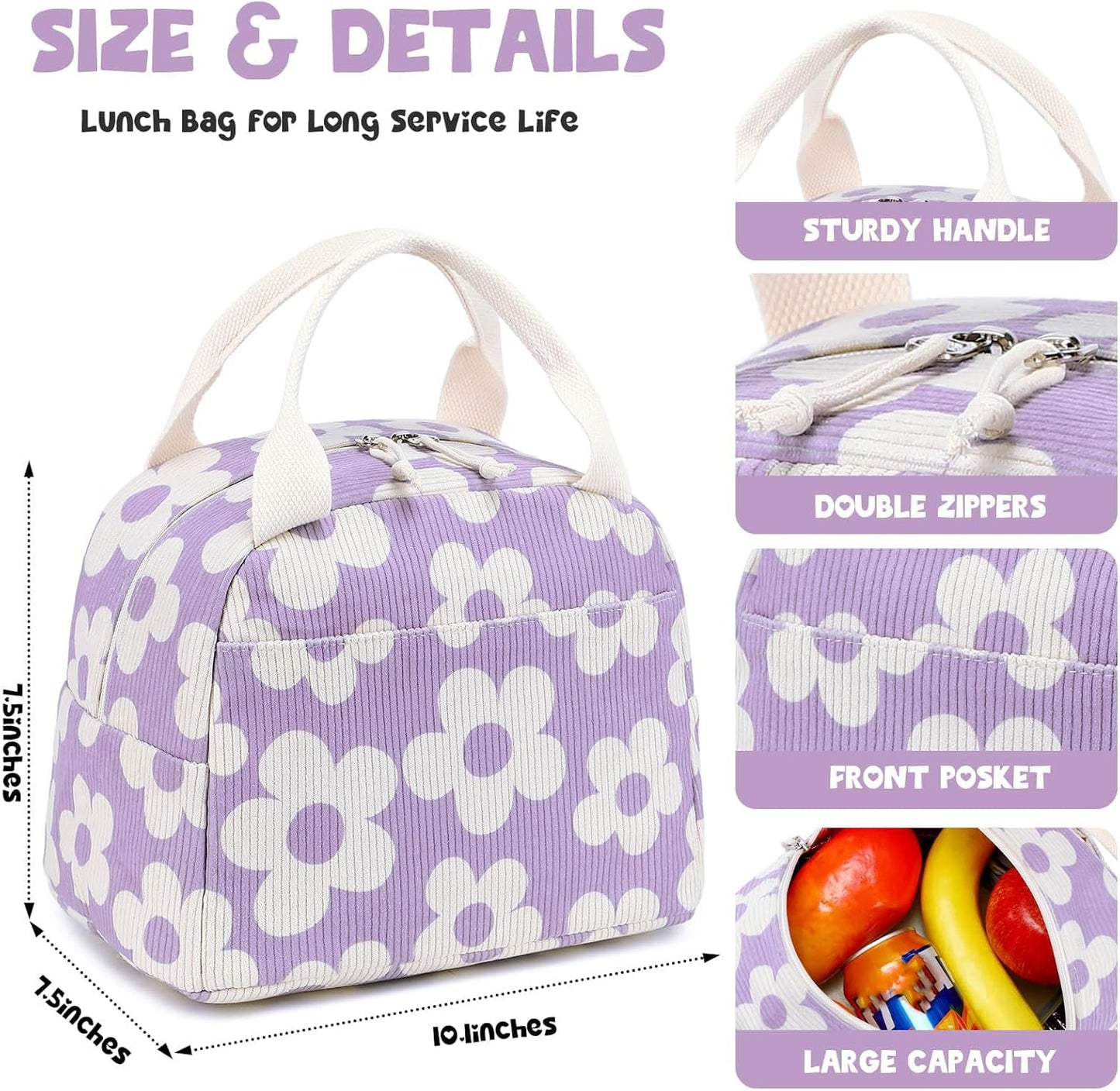 Bluboon Lunch Bag for Women Men Cute Corduroy Lunch Tote Bags Reusable Insulated Lunch Box Large Capacity Reusable Insulated Cooler for Work Picnic or Travel