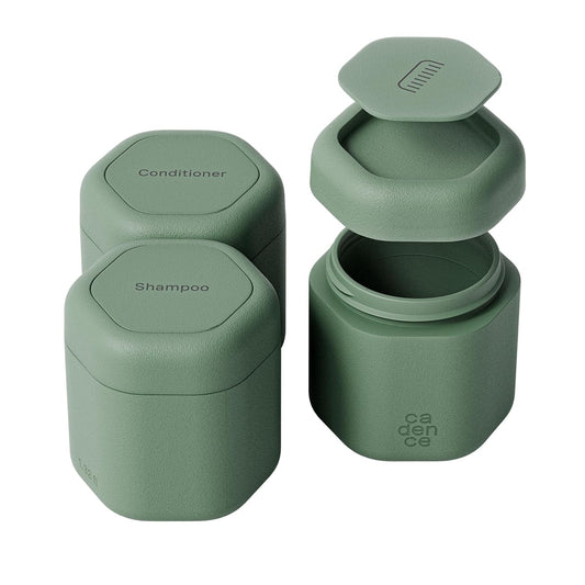 Cadence Travel Containers Haircare Capsule Set - Magnetic Containers with Lids,Carry On Travel Essentials For Women/Men - 3 Flex Mediums (1.32oz) - Shampoo, Conditioner & Comb Icon Labels - Eucalyptus