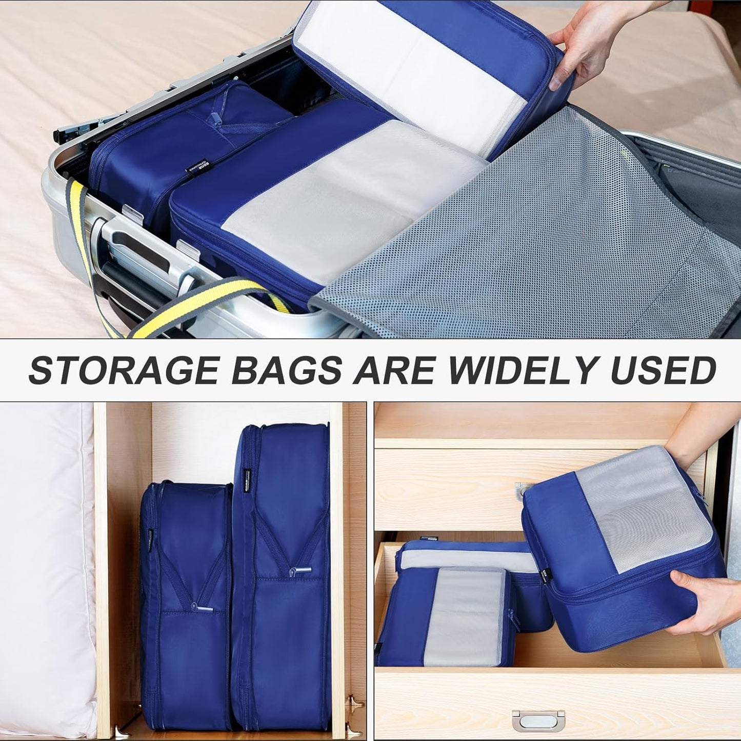 4 Set Compression Packing Cubes for Travel, Suitcases and Backpack Space Saving Organizers (Dark Blue)