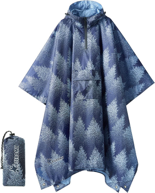 PTEROMY Hooded Rain Poncho for Adult with Pocket, Waterproof Lightweight Unisex Raincoat for Hiking Camping Emergency