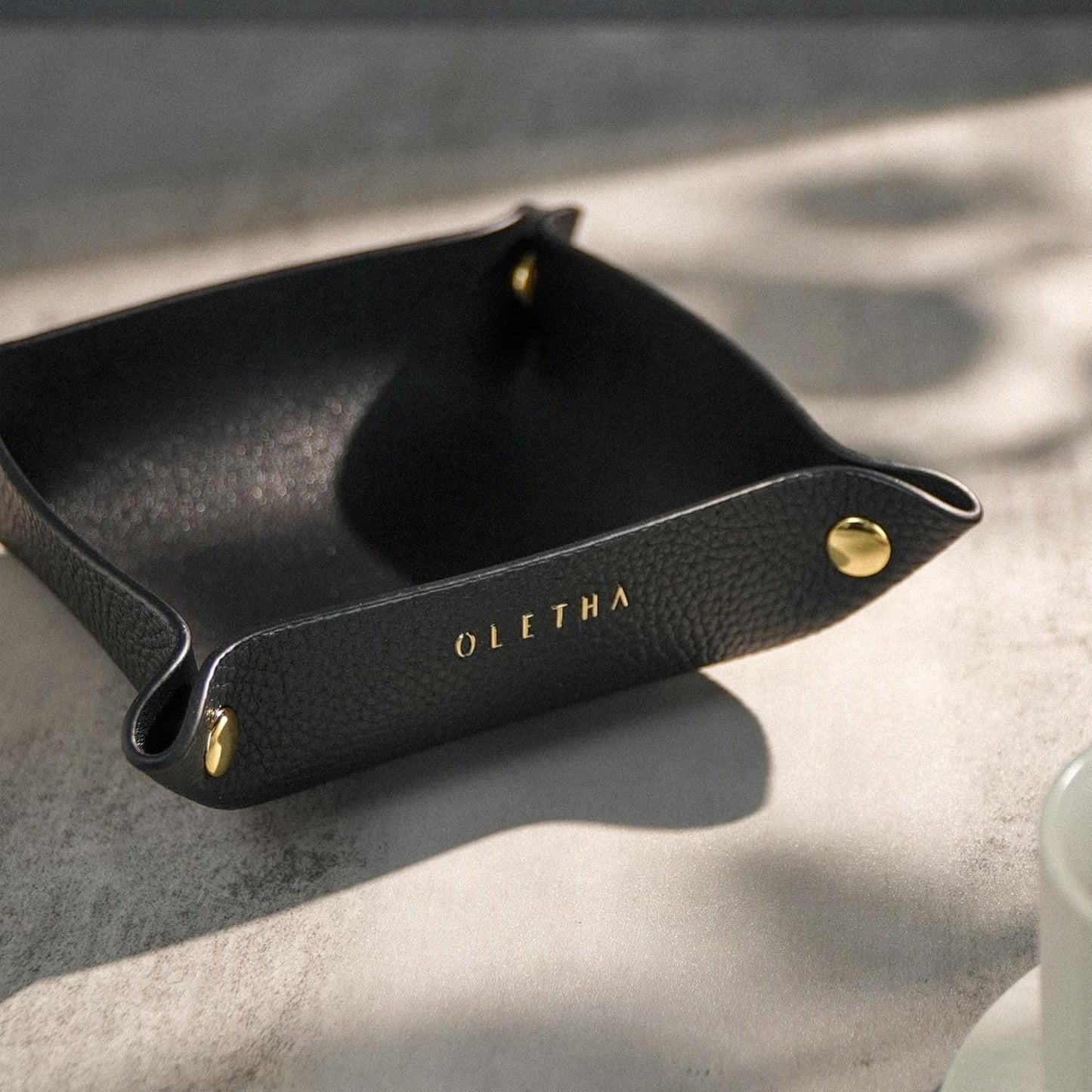 OLETHA Small Foldable Valet Tray - Aesthetic Desk Organizer for Home, Office & Travel - Portable Catch All Bowl for Keys, Jewelry & Essentials - Black