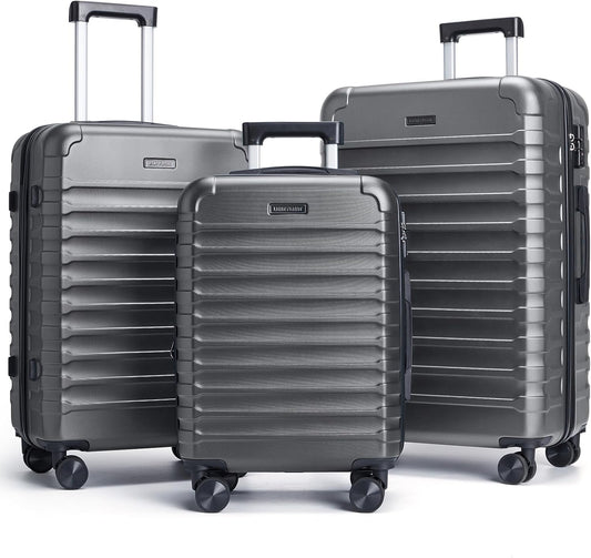 LIGHT FLIGHT Luggage Sets, 3 Piece Durable Suitcase Set with Spinner Wheels, 3 Pcs Hardside Lightweight luggage with TSA Lock, Large Checked Travel Suitcases, 20/24/28 Inch, Gray