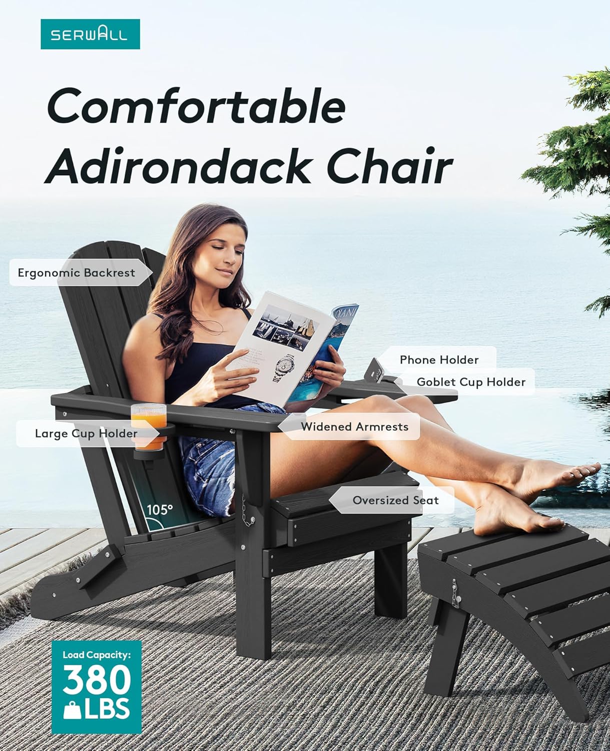 SERWALL HDPE Folding Adirondack Chair with Dual Cup Holder - Composite Adirondack Chair Set of 4- Black