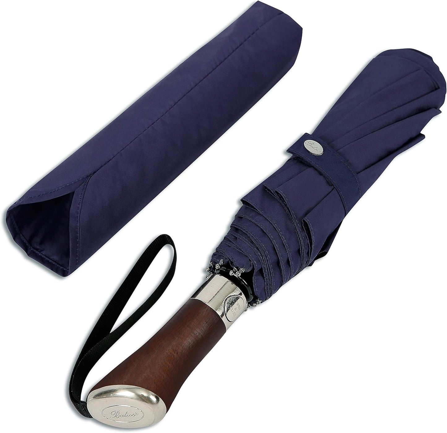 Balios (Designed in UK) Travel Umbrella Luxurious Golden Hardwood Handle Auto Open & Close Windproof Frame Single Canopy Automatic Folding Umbrella Men's & Ladies