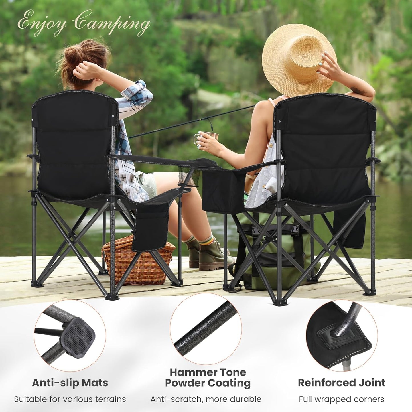 HIGH POINT SPORTS Oversized Camping Folding Chair, Heavy Duty Portable Lawn Chairs, Folding Chairs for Outside with Cup Holder and Cooler Bag for Camp, Travel, Support 450 LBS, 2 Pack, Black