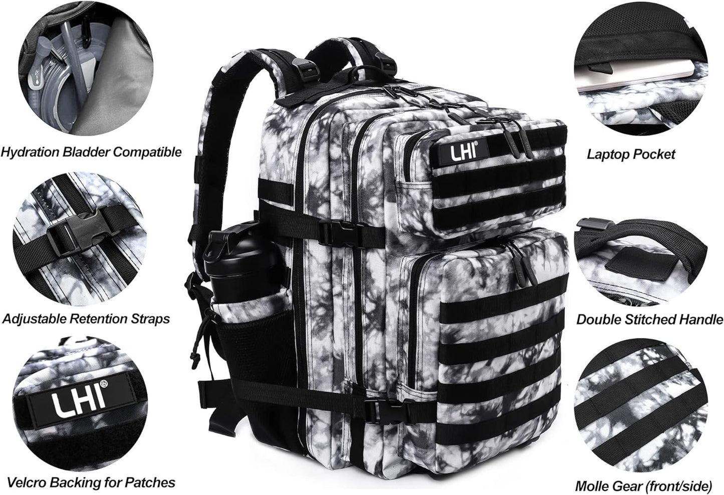 LHI Military Tactical Backpack for Men Molle Daypack 45L Army 3 Days Assault Pack Bag Large Rucksack With Bottle Holder Black and White(12*20*12)