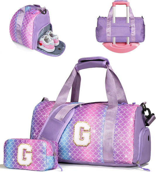 Gifts for 4 5 6 7 8 9 10 Year Old Girls-Girl Gym Bag with Shoe Compartment, Kid Personalized Weekender Overnight Bags, Initial Travel Tote with Makeup Pouch, Gift for Daughter (Letter G)