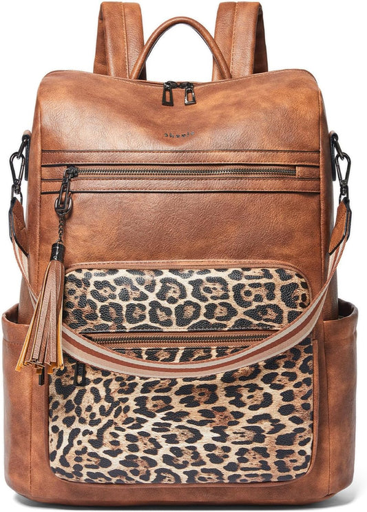 Shrrie 15.6 inch Laptop Backpack for Women,Large Leather Purse,Travel Backpacks Carry on,Water Resistant Casual Laptop Backpacks,College Backpack,Work Backpack for Women,Two-tone Camel Brown
